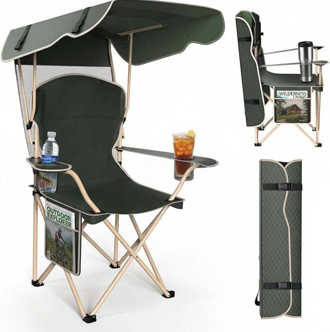 CozyBox Portable Folding Camping Chairs with Canopy Shade, Beach Chair for Adults, Durable Weather Resistant 600D Oxford Cloth, Camping Chair with Canopy for Outdoors [Olive Green]