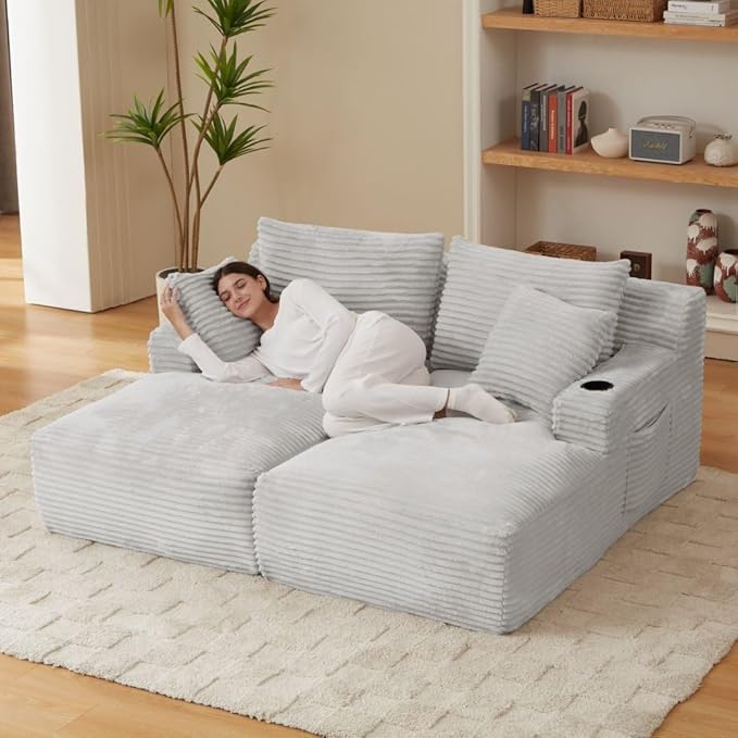 71" Oversized Double Chaise Lounge Sofa Indoor Boneless Sleeper Daybed, Fluffy Corduroy Upholstered Compressed Cloud Couch Loveseat Sofabed, Floor Chair w/Cupholders, Side Pockets for Living Room