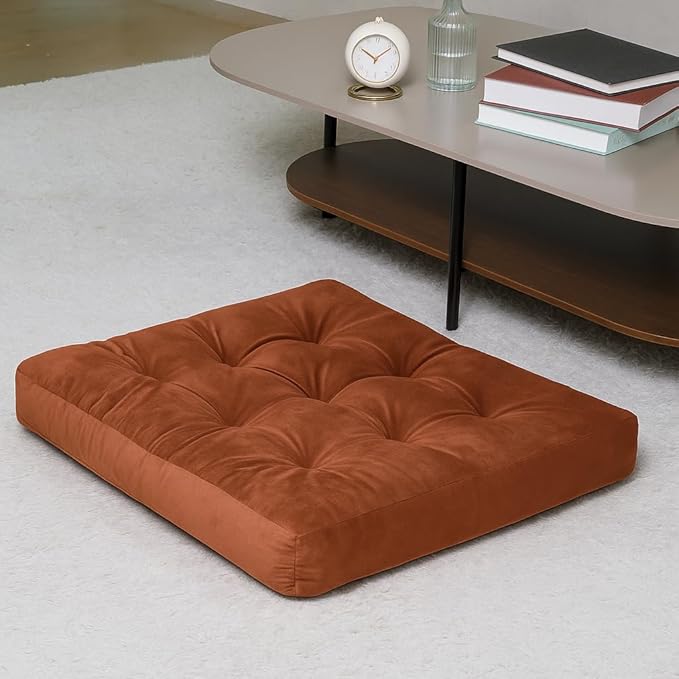 Velvet Floor Pillow,Square Large Pillows Seating for Adults, Brown Tufted Cushions for Meditation, Yoga, Tatami, Living Room, Chair, Machine-Washable & Dryer-Safe, Brown, 22x22 Inch
