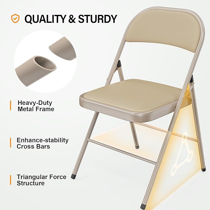 VINGLI 1 Pack Folding Chairs with Padded Seats, Metal Frame with Pu Leather Seat & Back, Capacity 350 lbs, Set of 1, Khaki