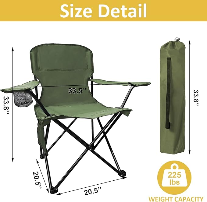 SAILARY Folding Camping Chair with Cup Holder and Cooler Bag, 225lbs Capacity, Upgraded Portable Foldable Chair with Heavy Duty Steel Frame for Outdoor, Beach, Fishing, Backpacking, Green 2PCS