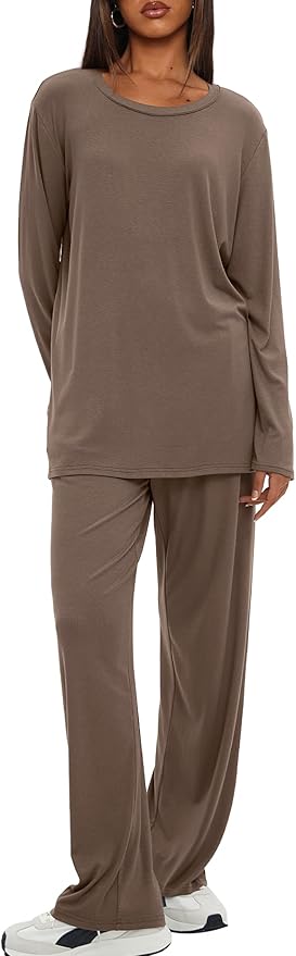 Darong Women's 2 Piece Lounge Set Casual Long Sleeve Crew Neck Tops Wide Leg Pants Travel Airport Outfit Matching Sets
