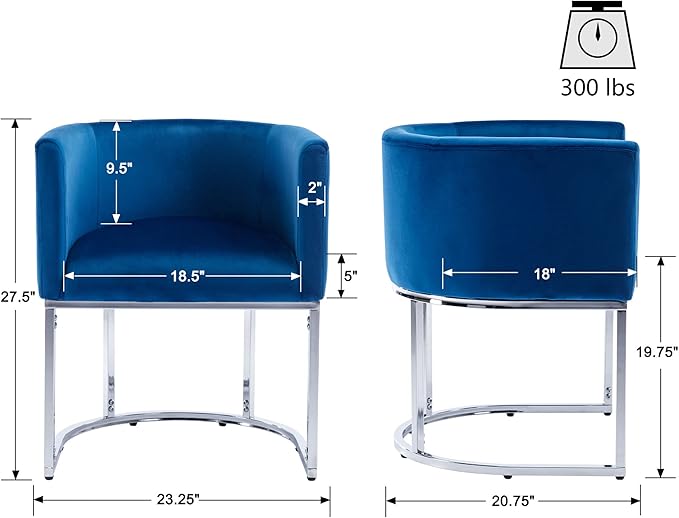 VESCASA Velvet Upholstered Dining Chairs with Barrel Back, Mid Century Modern Padded Restaurant Chairs with Chrome Metal Frame for Kitchen, Dining Room, Set of 3, Blue