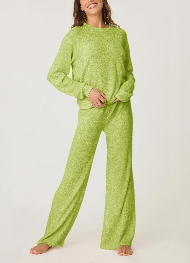 Aamikast Women's 2-Piece Lounge Set Soft Brushed Jersey Sleepwear Pajamas Set Long Sleeve Top & Wide Leg Pants