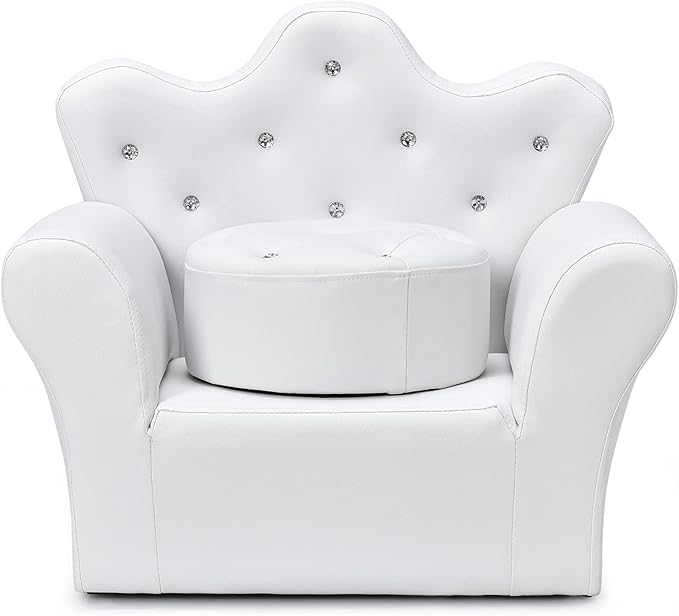 HONEY JOY Kids Sofa, Children Princess Upholstered Couch Armrest Chair with Ottoman, PVC Leather & Embedded Crystal, Toddler Bedroom Furniture for Baby Girl (White Crown Shape with Footstool)