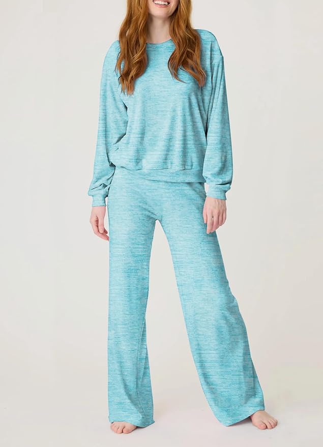 Aamikast Women's 2-Piece Lounge Set Soft Brushed Jersey Sleepwear Pajamas Set Long Sleeve Top & Wide Leg Pants