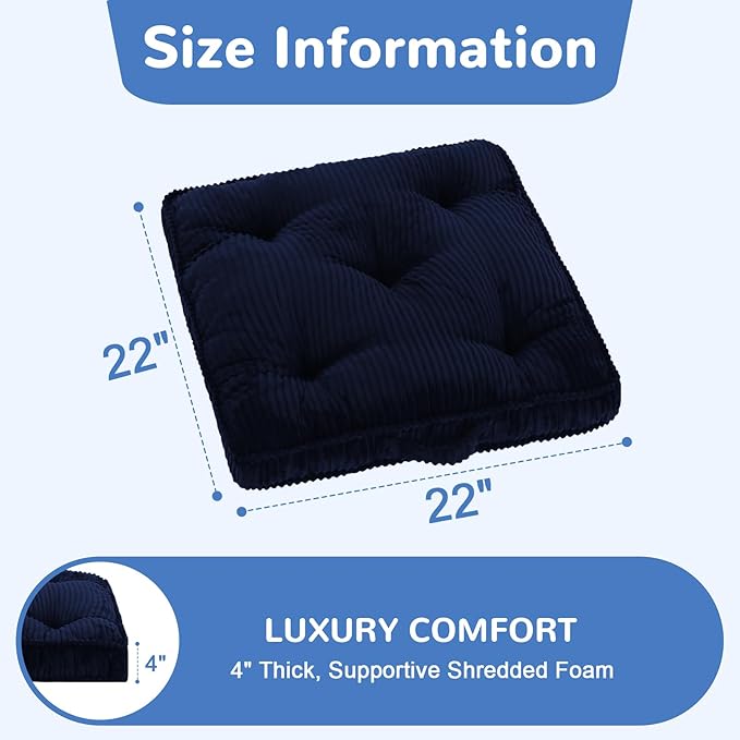 PRIMEPATIO Square Floor Pillow for Adults, Tufted Floor Cushion for Sitting, Large Meditation Cushion, Thick Corduroy Seat with Handle, Tatami Seating for Yoga, 22x22 Inch Navy Blue, 1Pack