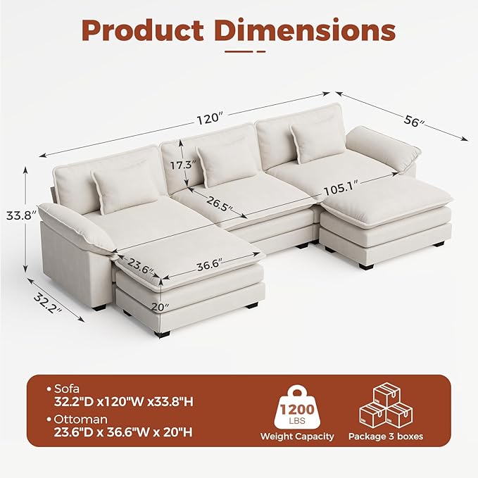CDCASA 120" Oversized Modular Sectional Sofa, Comfy U-Shaped Cloud Couch w/ 2 Movable Ottoman, 5-Seater Velvet Deep Seat Modern Sofa Couch for Living Room, DIY Combination, Beige