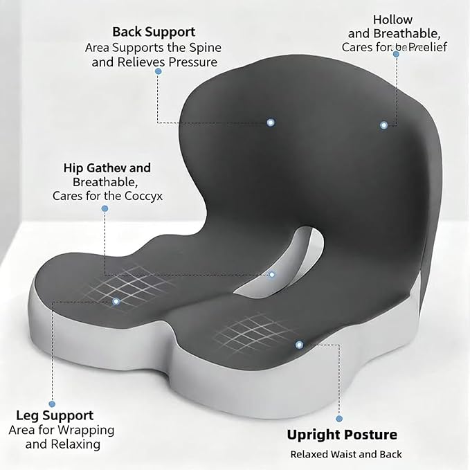 Orthopedic Cushion for Office Chair and Car, Memory Foam Seat Cushion with Lumbar Support Pillow, Instant Relieve Pressure on Back, Hips, Tailbone, Improves Sitting Posture (1, Black)