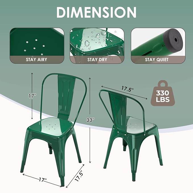 Metal Dining Chairs Set of 2,Stackable Tolix Chair Indoor/Outdoor for Kitchen,Cafe,Restaurant,Bistro & Patio Multiple Colors(Green)