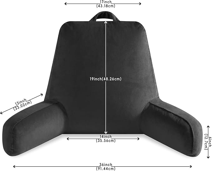 OAISZ Reading Pillow for Sitting in Bed Adult, Reading Pillow with Shredded Memory Foam, Back Pillow for Bed Sitting Up with Extend Arms, Pockets, Pillow with Washable Cover,Black, X-Large