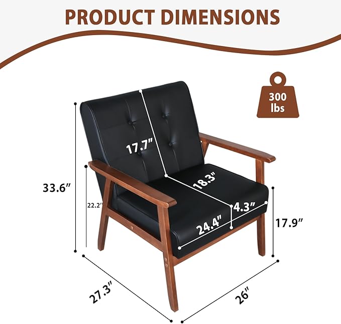 JIASTING Mid-Century Retro Modern Leather Accent Chair Set of 2 Wooden Arm Chair Upholstered Tufted Back Lounge Chairs for Office Living Room