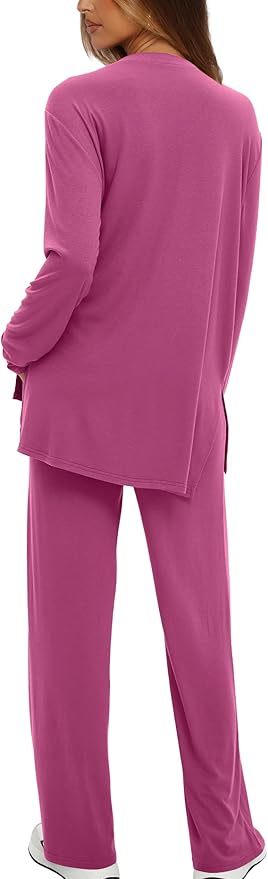 Darong Women's 2 Piece Lounge Set Casual Long Sleeve Crew Neck Tops Wide Leg Pants Travel Airport Outfit Matching Sets