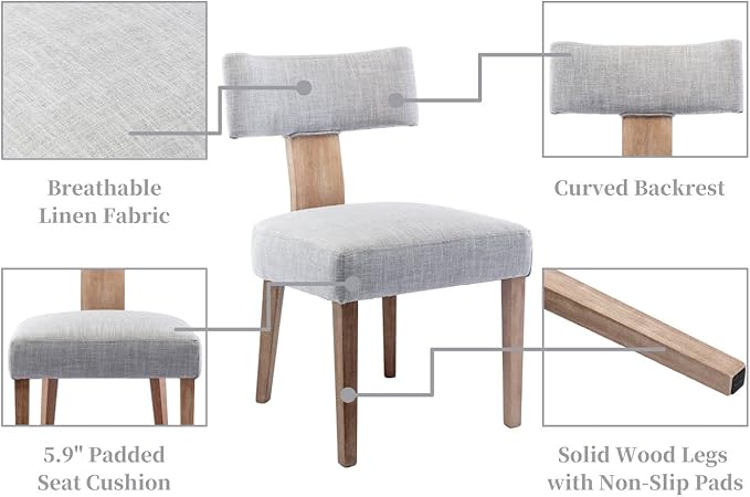 RIVOVA Linen Dining Chairs Set of 4, Modern Dining Chair with Wood Legs, Upholstered Dining Chairs for Dining Room, Kitchen, Vanity, Living Room, Grey