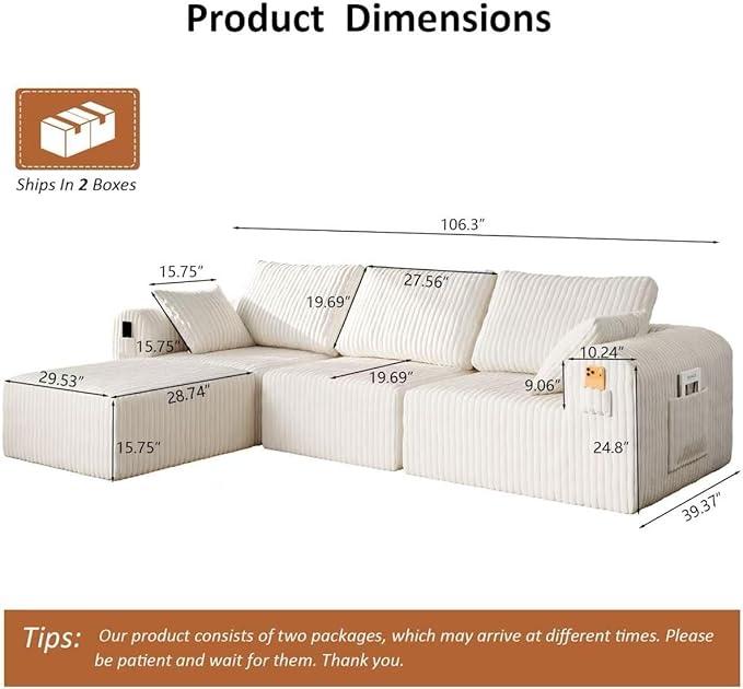 106" Modular Sectional Sofa, Boneless Couches for Living Room, L-Shape Sofa Couches,Cloud Couch Sectional, Comfy Corduroy Sofa, with Deep Seat, No Assembly Required (Beige, 3 Seater + 1 Ottoman)