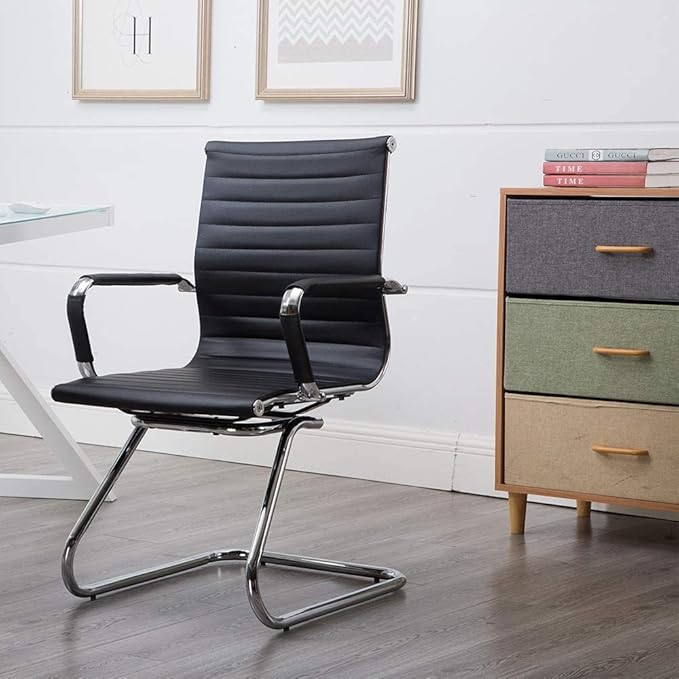 DM Furniture Black Office Desk Chair No Wheels Set of 8 PU Leather Computer Chairs Mid Back Guest Chairs for School Reception Conference Waiting Room, Black