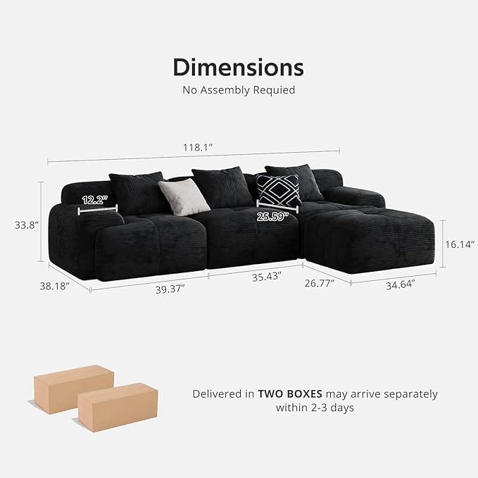 Aosaifen Modern L-Shaped Modular Sectional Sofa for Living Room，Oversized 3-Seater Couch with Deep Seat and Movable Ottoman – No Assembly,Comfortable Corduroy Fabric Boneless Sofa(Dark Gray) (Black)