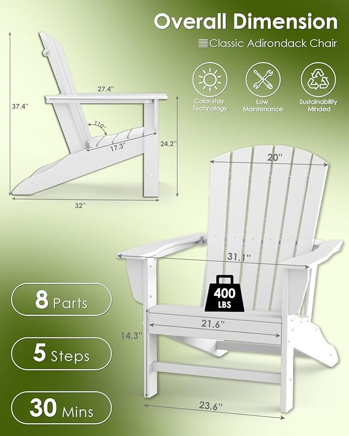 GREENVINES Adirondack Chair | HDPE Plastic | Oversized Fire Pit Chairs | All Weather | White | Poly Lumber | for Outdoor Deck Backyard Patio Garden
