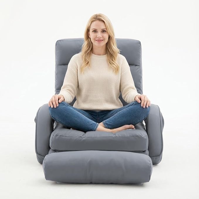 FLOGUOR 14-Position Adjustable Floor Chair, Chaise Lounge Indoor, Folding Lazy Sofa with Armrests and a Pillow Padded Adults Gaming Chairs for Living Room, Bedroom Factory Price,8803 (Grey（PU）)