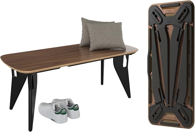 HOEK Bench – Modern Work from Home Seating with One-Click No-Tool Assembly and Wall Hanging Cleat, Compact 42" x 18" Bench with Durable Laminate Surface for Home Office or Living Room (Walnut/Black)