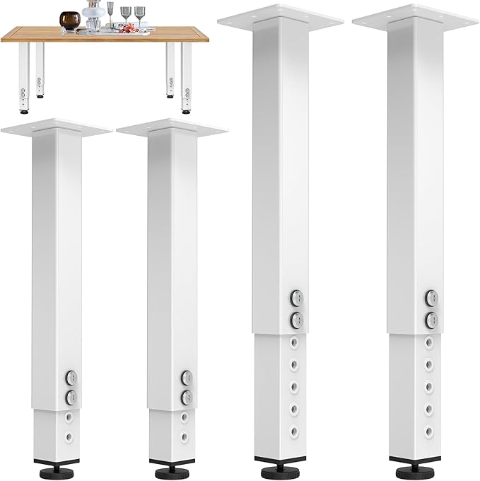 POROHOM 4PCS Adjustable Square Table Leg (14-24inch)，Metal Desk Legs, Home Office DIY Furniture Leg Set for Tables, DIY desks, Counter Tops, Kitchen Tables,Office Desk(White)