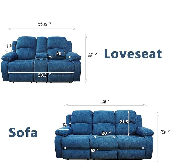 AYCP Microfiber Living Room Furniture Set Reclining Sofa Set Loveseat Furniture Sets in Living Room Sofa Recliners (Sofa+Loveseat, Blue Microfiber)