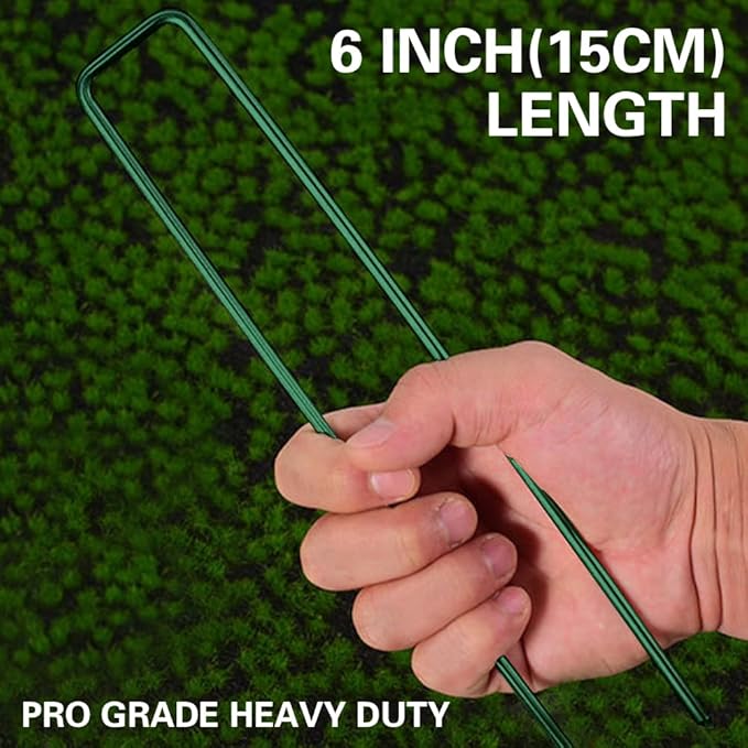 Bakulyor 200Pcs Green Landscape Staples 6 Inch Garden Artificial Turf Stakes Staples, 11 Gauge Lawn Galvanized Ground Fabric Pins for Weed Barrier Sod Decorations Holding Fence and Irrigation Tubing