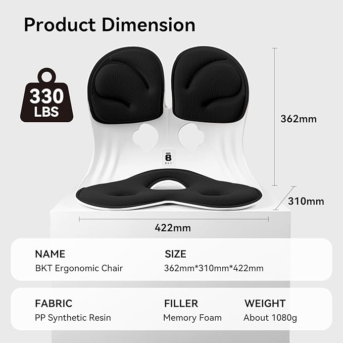 BKT Lumbar Support Seat Cushions Oversized Edition Ergonomic Office Chair for Students Office Workers Nursing Mothers Long Sitting Outdoor Fishing Floor Chair (L-Black)