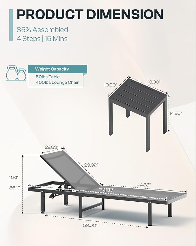 Chaise Lounge Outdoor, Pool Lounge Chairs with Wheels and 5-Position Recliner -Easy to Move- Aluminum Patio Lounge Chair for Poolside, Deck (Darkgray)