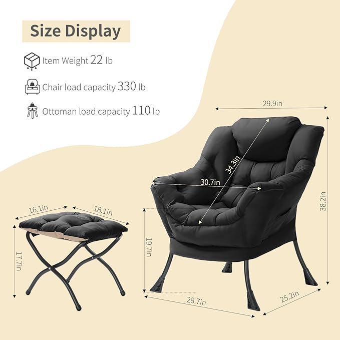 TLSUNNY Lazy Chair with Foldable Ottoman, Modern Comfy Lounge Chair, Large Sofa Armchair with Footrest and a Side Pocket, Reading Chair with Footstool for Bedroom, Living Room, Dorm (Black)
