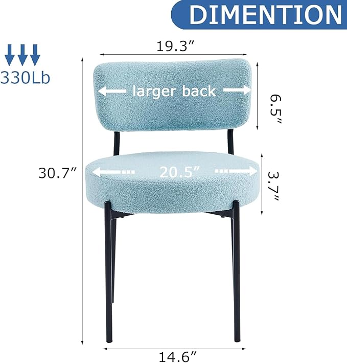 Stabrech Blue Boucle Dining Chairs Set of 2, Upholstered Dinner Chair with Metal Frame, Dining Room Chairs with Padded Seat, Round Modern Seating for Living Room
