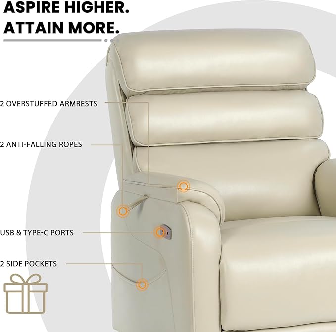 EONIX Large Lay Flat Power Lift Recliner Chair for Elderly, Oversized Electric Lift Chairs, 400lbs Heavy Duty Power Recliner with Heat and Massage, SLRY022063, Cream White
