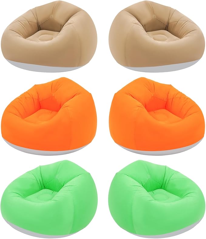 6 Pcs Bean Bag Chairs for Adults, Inflatable Chairs with Foot Pump, Folding Blow Up Couch, Flocking Portable Lazy Sofa for Movie Night, Living Room, Camping, 220 lbs Load Capacity (Brown+Green+Orange)