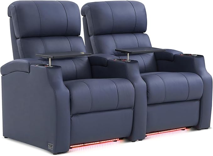 Weilianda Home Theater Seating, Top Grain Leather Sectional Seats Recliner Chair, Zero Gravity Reclining Sofa with Power Headrest 7 Colors Ambient Lighting USB C Charge Row of 2 Blue