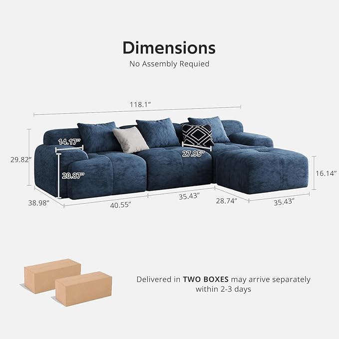 Aosaifen Modern L-Shaped Modular Sectional Sofa for Living Room，Oversized 3-Seater Couch with Deep Seat and Movable Ottoman – No Assembly,Comfortable Corduroy Fabric Boneless Sofa