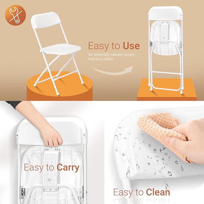VINGLI 5 Pack White Plastic Folding Chair, Indoor Outdoor Portable Stackable Commercial Seat with Steel Frame 350lb. Capacity for Events Office Wedding Party Picnic Kitchen Dining