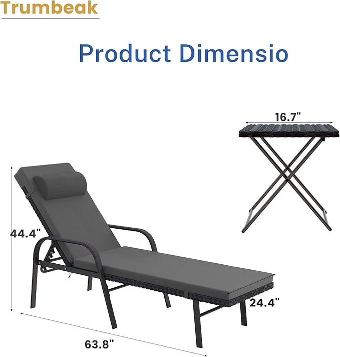 Trumbeak Patio Chaise Lounge Set 3 Pieces Pool Lounge Chairs,Cushioned Outdoor Folding Lounge Chair w/Arm and Rattan Adjustable Backrest for Poolside Porch,Folding Table Included,Grey