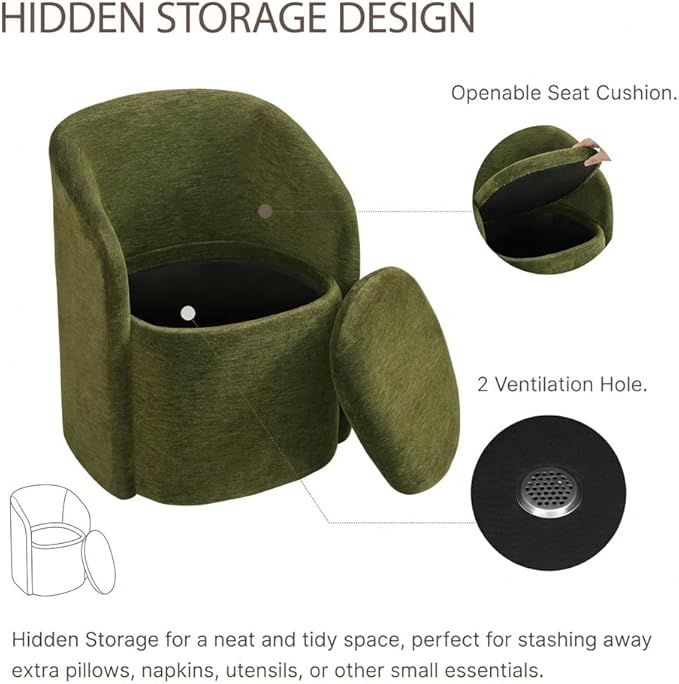 Upholstered Dining Chairs with Casters, Rolling Modern Dining Room Chairs with Hidden Storage & Barrel Backrest, Easy Assembly Accent Chair for Bedroom, Living Room, Dressing, Green Fabric,4PCS