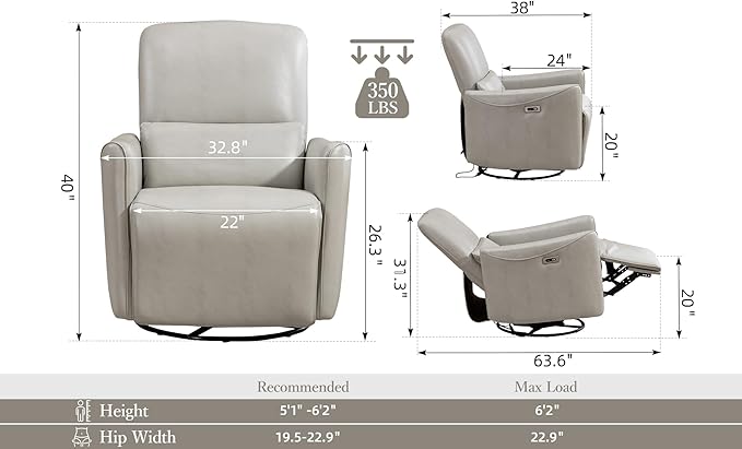 Power Swivel Recliner Chair, Faux Leather Glider Electric Rocking Chair for Adults. Nursery Rocker Single Sofa Chair with Lumbar Support for Living Room. Dual-Port Charging: Type-C&USB, Grey