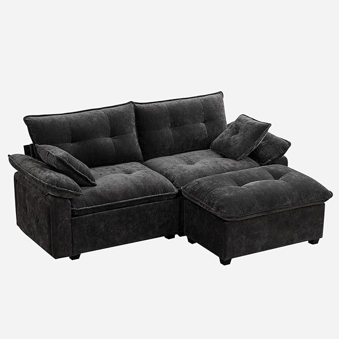 PALLOME 82" Deep Seat Comfy Cloud Couch, Modular Sectional Sofa with Movable Ottoman, L Shaped Chenille Sofa for Small Space, Modern Apartment Living Room & Office (Grey, 2-Seat + Ottoman)