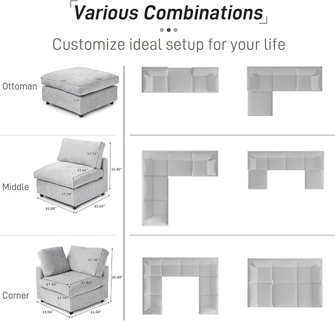 Cloud Couch Modular Sectional Sofa,134" L Shaped Couch, Oversized Convertible Wide Seater,4 Seater with Ottoman for Living Room Set, Covers Washable&Replaceable,Gray