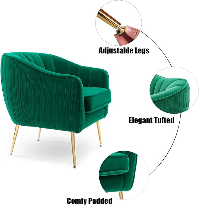 Altrobene Velvet Accent Chair, Modern Barrel Arm Chair with Golden Finished Metal Legs for Living Room and Bedroom, Christmas Green