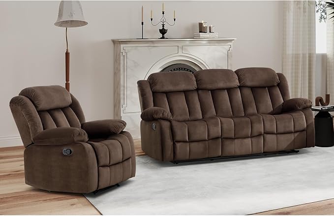 EBELLO Manual Reclining Sofa Set, Classic Recliner Sofa with Overstuffed Arms and Backrest, Include 1 Recliner Chair and 1 3-Seat Couch, Brown