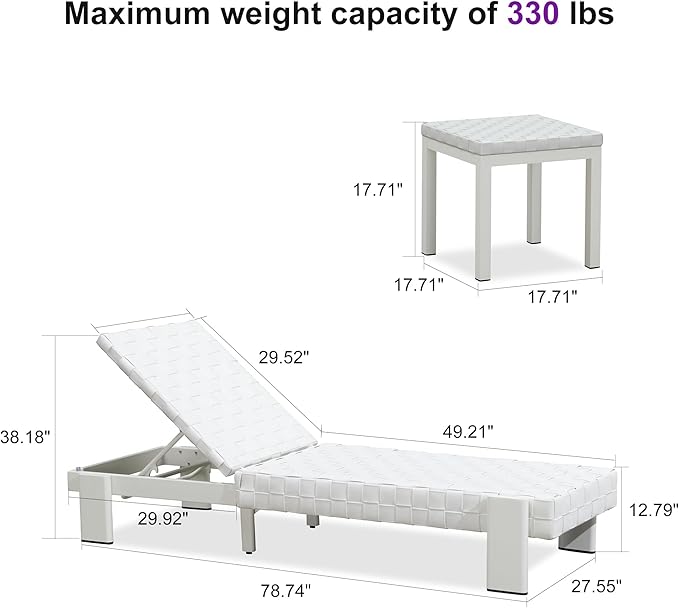 PURPLE LEAF Patio Chaise Lounge Modern Outdoor PU Leather Style Lounge Chair 4 Pieces with Adjustable Backrest Luxury Aluminum Chaise Lounge Chairs for Pool Garden Backyard Beach, White