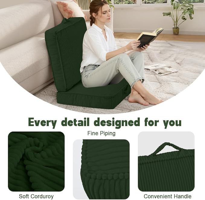 PRIMEPATIO Floor Pillow for Adults Set of 2, 4" Square Floor Cushions with Washable Cover, Large Corduroy Meditation Pillow, 22 inches Tatami Seat with Handle for Living Room or Yoga, Green