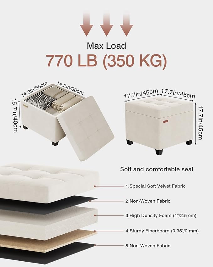 ABHENG 17.7 inches Velvet turfed Ottomans Cube with Storage, Metal-Framed Square Linen Storage Ottoman Foot Rest Stool Holds 770 LB for Dorm Living Room Bedroom White UASND64W