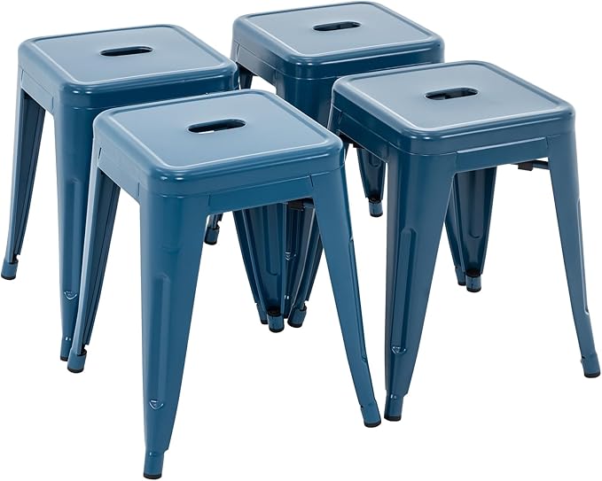Brage Living 18 Inch Industrial Metal Stools Set of 4, Stackable Classroom Stools, Backless Metal Dining Chairs for Indoor Outdoor, Kitchen Short (Deep Blue)