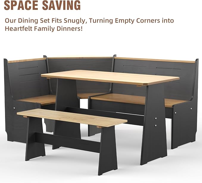 Breakfast Nook Table Set for Kitchen - Bench Seating for Dining Room with Space Saving Solid Wood L Shaped Corner Dining Table Set Apartment for 4 to 6 People - Black