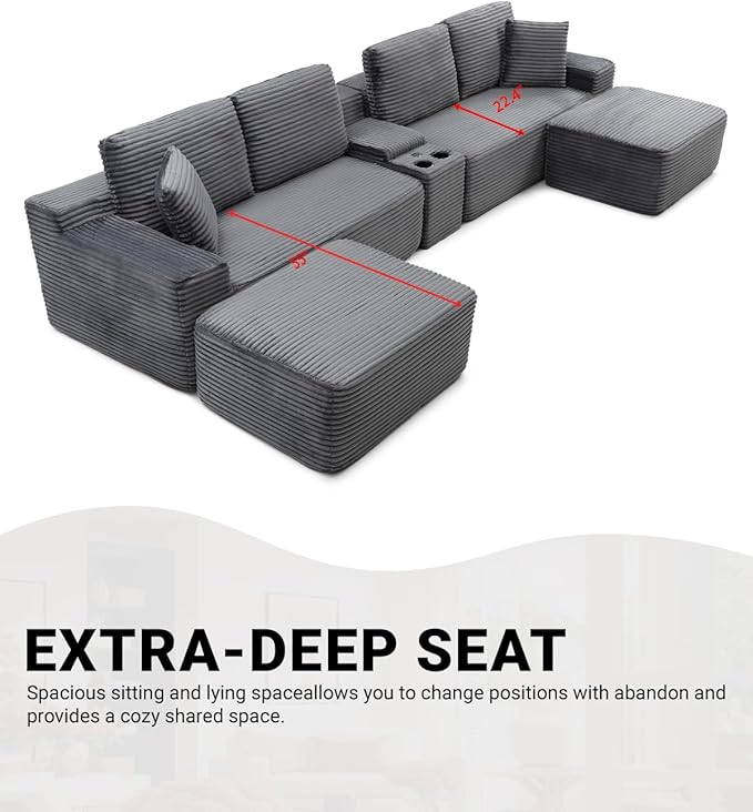 150" Oversized Modular Sectional Sofa, Deep Seat Cloud L-Shape Corduroy Couch with Cup Holders, USB Ports, Wireless Charging & Storage Box, Upholstered Modular Sleeper Sofa for Living Room (Grey)