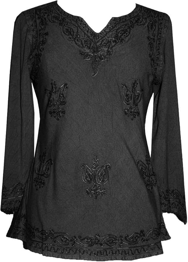 Agan Traders 2025 Winter Long Sleeve Diamond Neck Embroidered Tops - Medieval Boho Vintage Tunic Kurta Blouses for Women